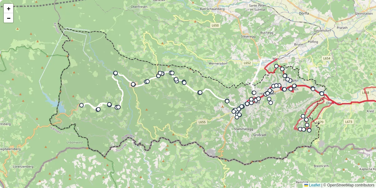 Nahverkehrsnetz in eibiswald, Österreich - Buslinien, Haltestellen und Verbindungen auf der Karte