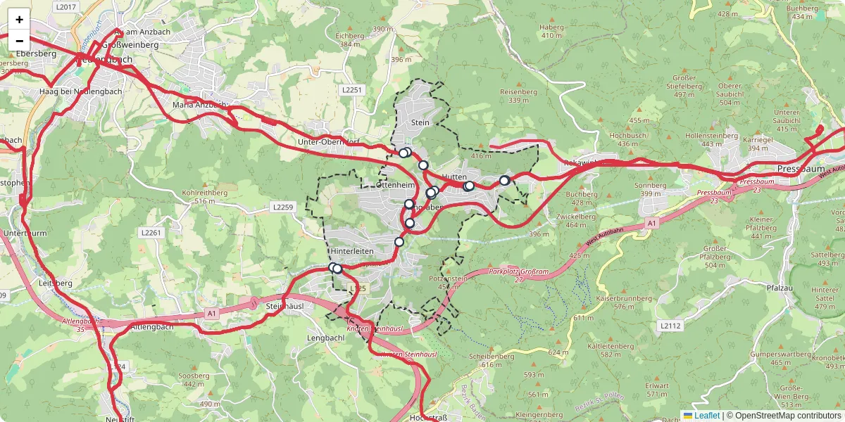 Nahverkehrsnetz in eichgraben, Österreich - Buslinien, Haltestellen und Verbindungen auf der Karte