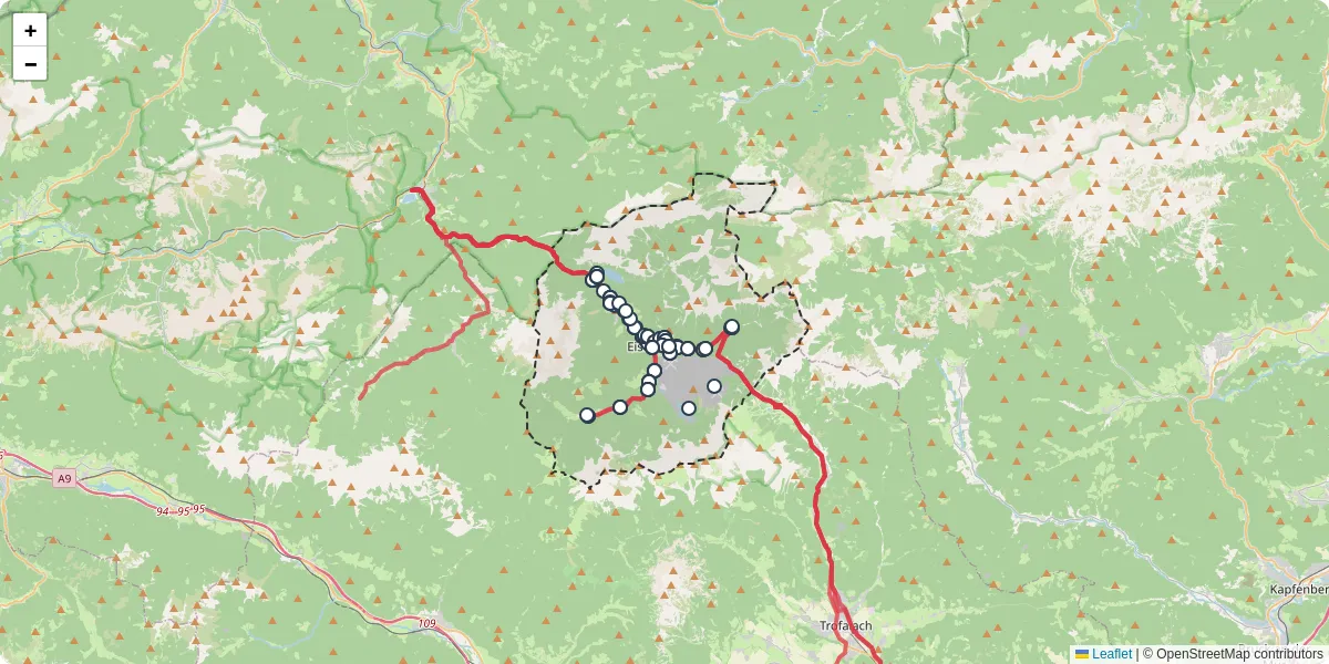 Nahverkehrsnetz in eisenerz, Österreich - Buslinien, Haltestellen und Verbindungen auf der Karte