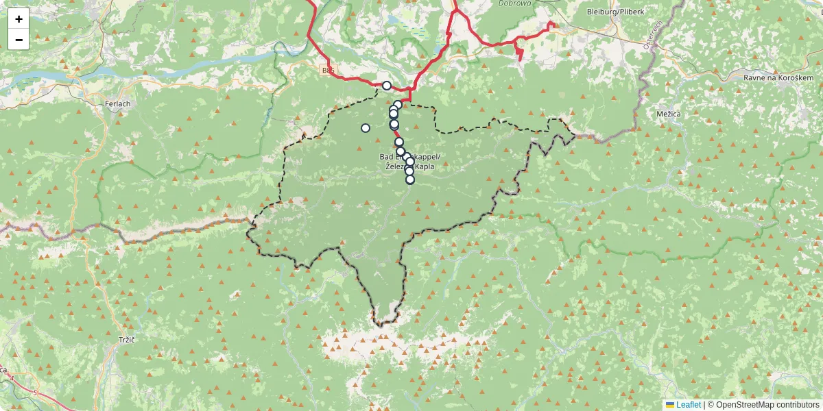 Nahverkehrsnetz in eisenkappel-vellach, Österreich - Buslinien, Haltestellen und Verbindungen auf der Karte