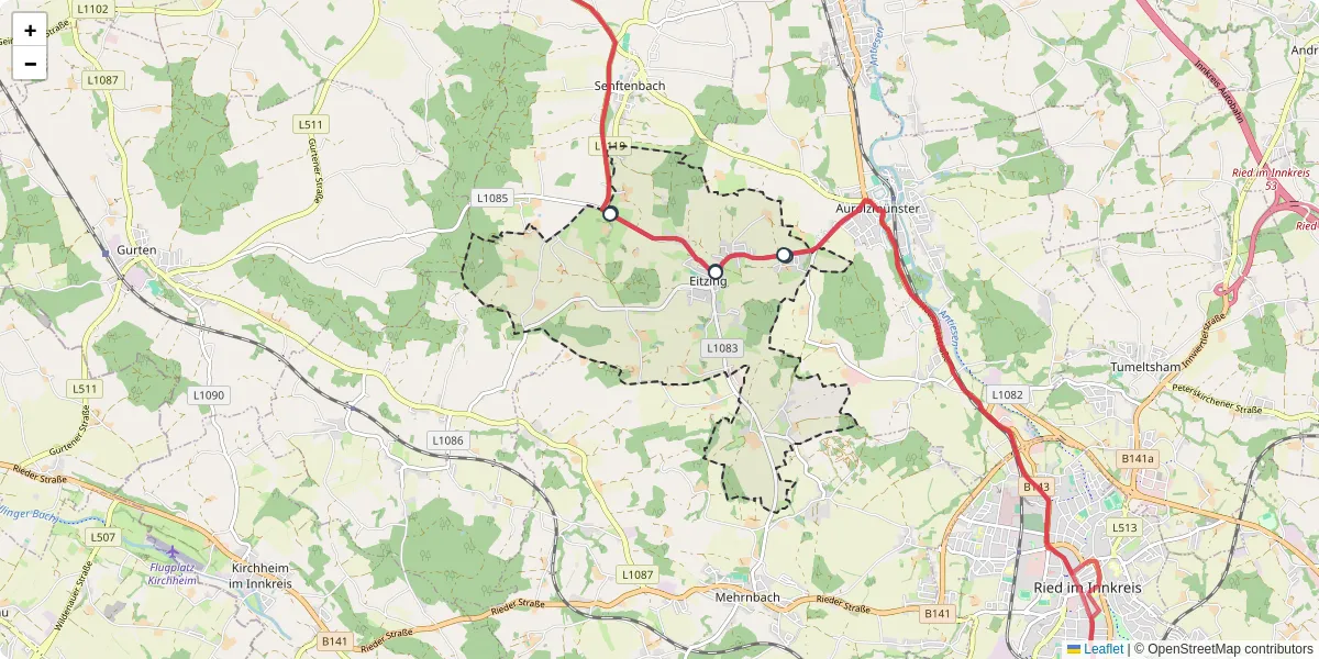 Nahverkehrsnetz in eitzing, Österreich - Buslinien, Haltestellen und Verbindungen auf der Karte