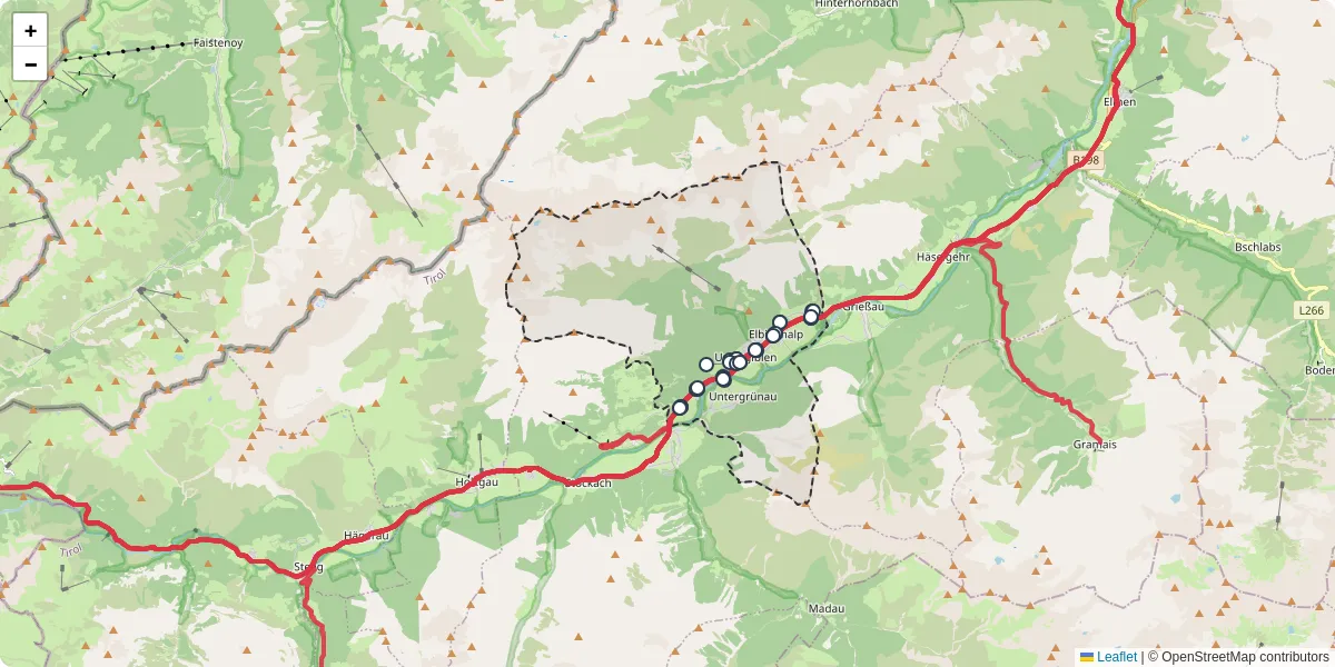Nahverkehrsnetz in elbigenalp, Österreich - Buslinien, Haltestellen und Verbindungen auf der Karte