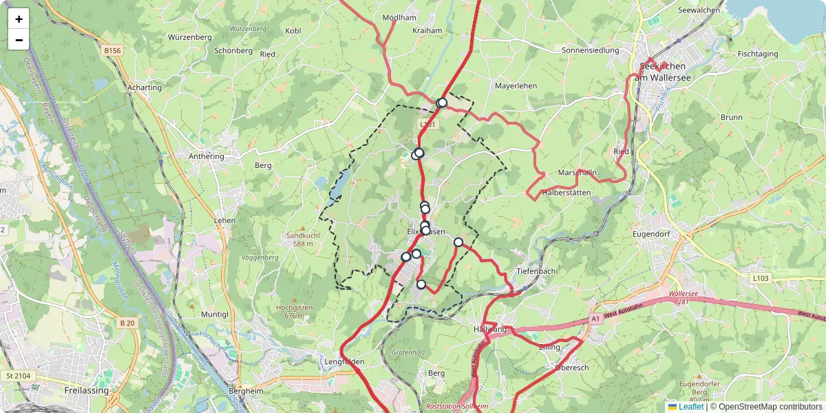 Nahverkehrsnetz in elixhausen, Österreich - Buslinien, Haltestellen und Verbindungen auf der Karte
