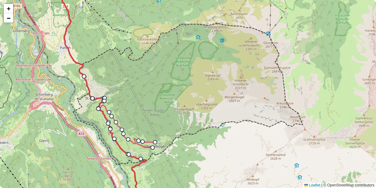 Nahverkehrsnetz in ellbogen, Österreich - Buslinien, Haltestellen und Verbindungen auf der Karte