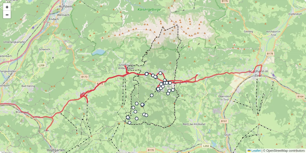 Nahverkehrsnetz in ellmau, Österreich - Buslinien, Haltestellen und Verbindungen auf der Karte