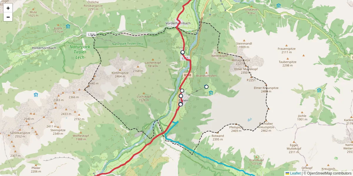 Nahverkehrsnetz in elmen, Österreich - Buslinien, Haltestellen und Verbindungen auf der Karte