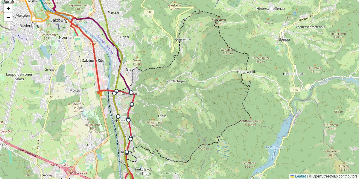 Nahverkehrsnetz in elsbethen, Österreich - Buslinien, Haltestellen und Verbindungen auf der Karte