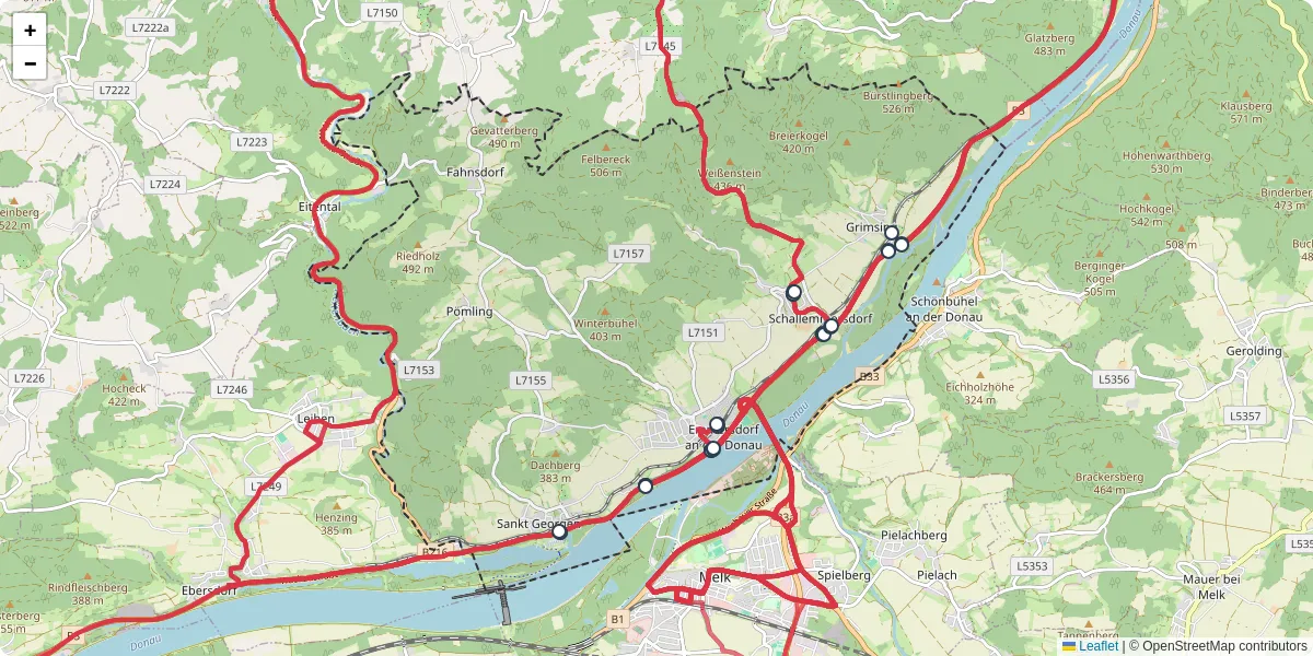 Nahverkehrsnetz in emmersdorf-an-der-donau, Österreich - Buslinien, Haltestellen und Verbindungen auf der Karte
