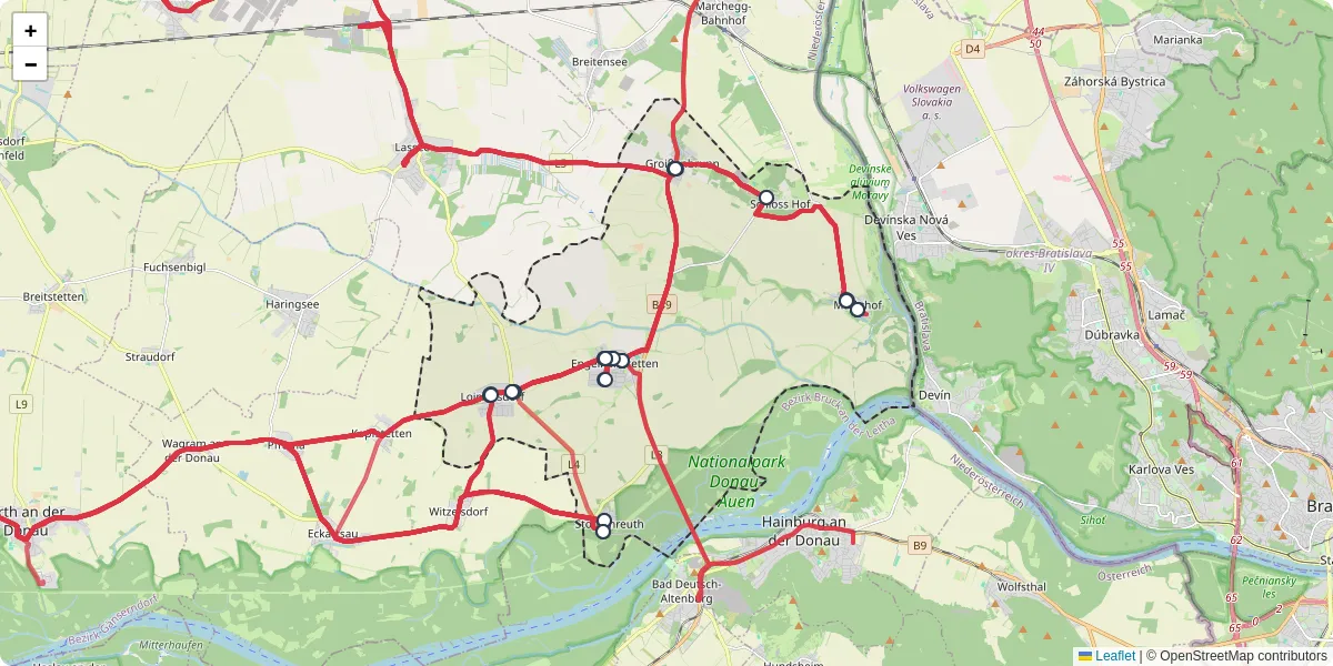 Nahverkehrsnetz in engelhartstetten, Österreich - Buslinien, Haltestellen und Verbindungen auf der Karte