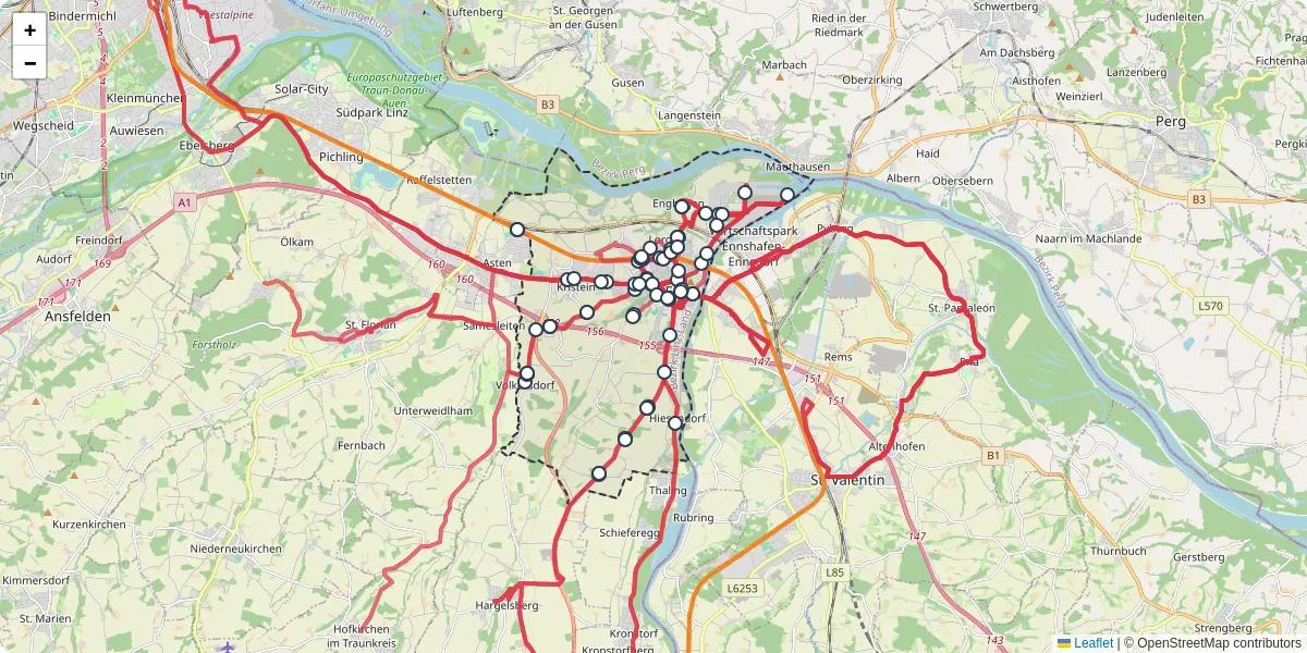 Nahverkehrsnetz in enns, Österreich - Buslinien, Haltestellen und Verbindungen auf der Karte