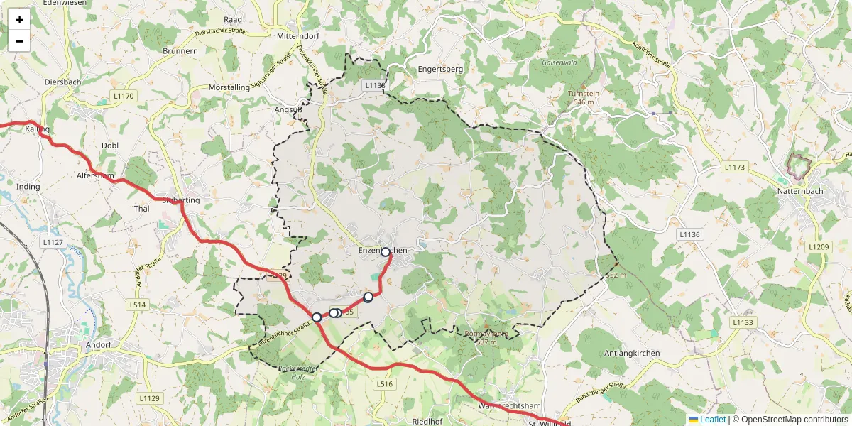 Nahverkehrsnetz in enzenkirchen, Österreich - Buslinien, Haltestellen und Verbindungen auf der Karte