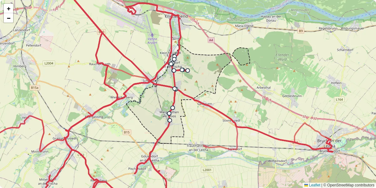 Nahverkehrsnetz in enzersdorf-an-der-fischa, Österreich - Buslinien, Haltestellen und Verbindungen auf der Karte