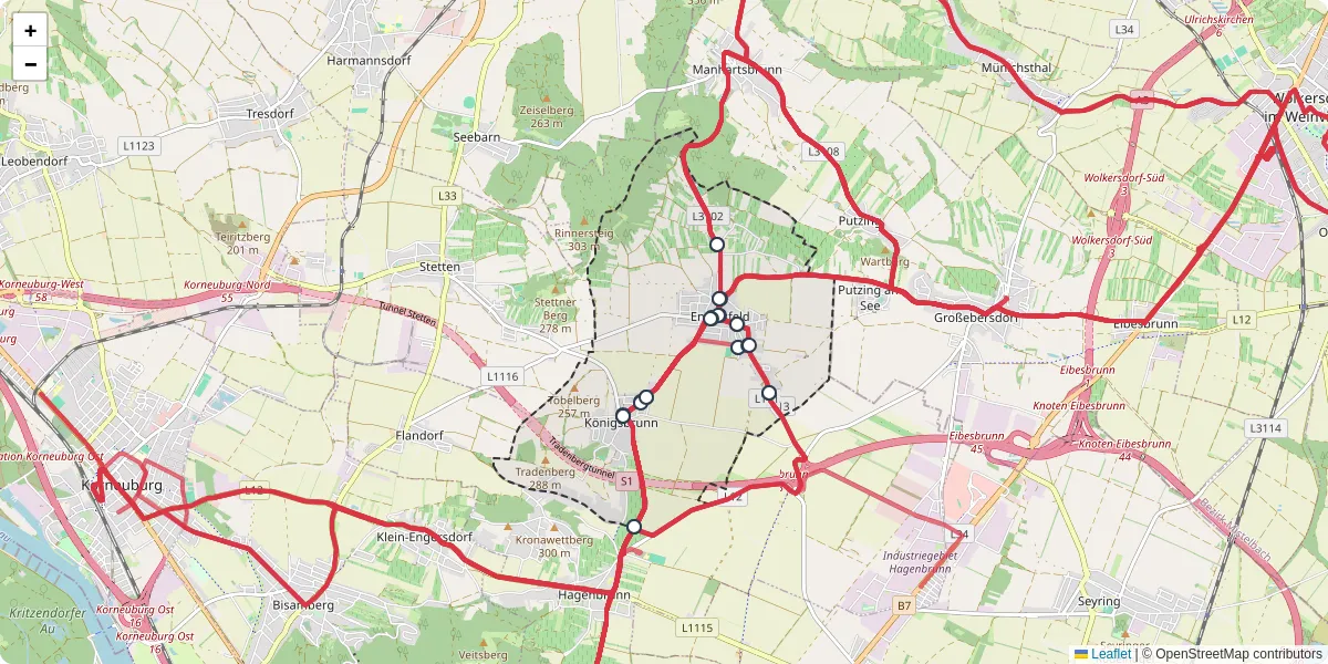 Nahverkehrsnetz in enzersfeld-im-weinviertel, Österreich - Buslinien, Haltestellen und Verbindungen auf der Karte