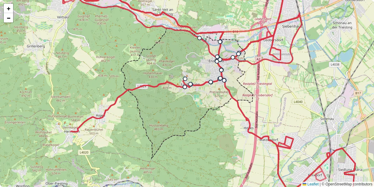 Nahverkehrsnetz in enzesfeld-lindabrunn, Österreich - Buslinien, Haltestellen und Verbindungen auf der Karte
