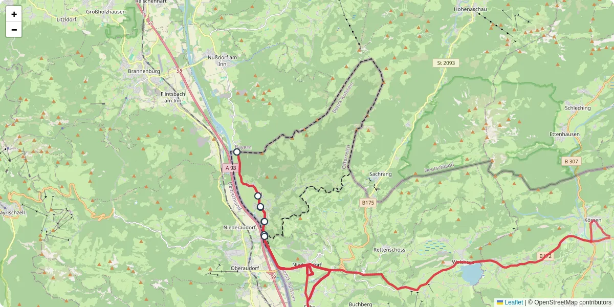 Nahverkehrsnetz in erl, Österreich - Buslinien, Haltestellen und Verbindungen auf der Karte