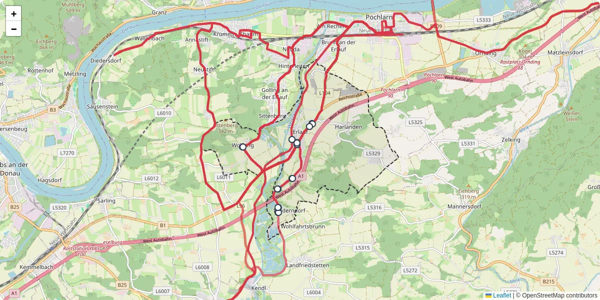 Nahverkehrsnetz in erlauf, Österreich - Buslinien, Haltestellen und Verbindungen auf der Karte