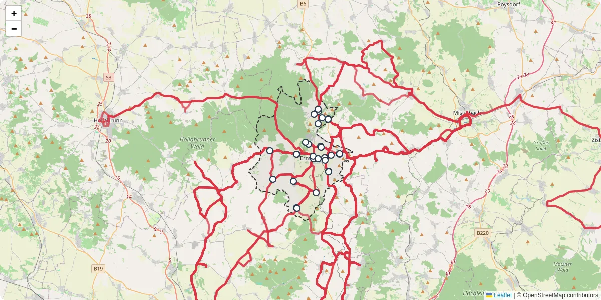 Nahverkehrsnetz in ernstbrunn, Österreich - Buslinien, Haltestellen und Verbindungen auf der Karte