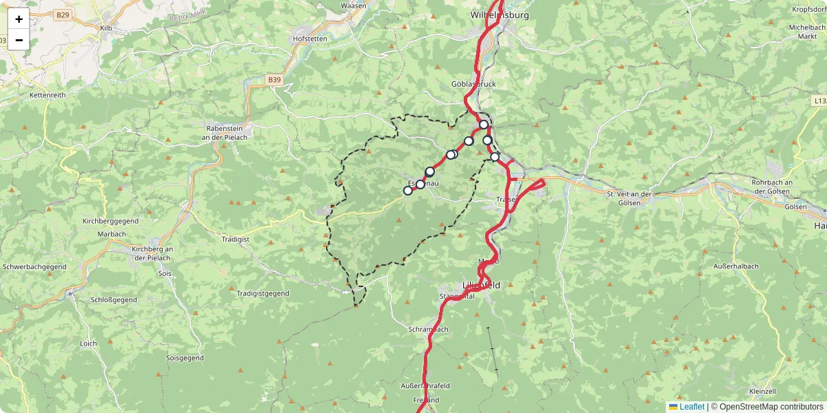 Nahverkehrsnetz in eschenau, Österreich - Buslinien, Haltestellen und Verbindungen auf der Karte