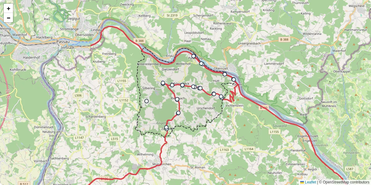Nahverkehrsnetz in esternberg, Österreich - Buslinien, Haltestellen und Verbindungen auf der Karte