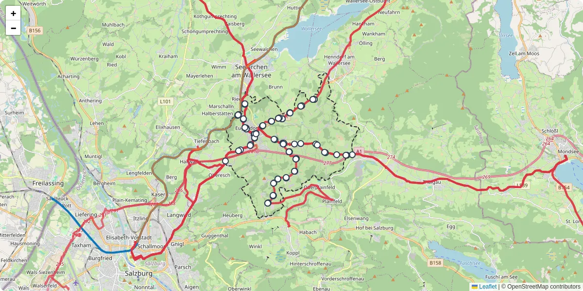 Nahverkehrsnetz in eugendorf, Österreich - Buslinien, Haltestellen und Verbindungen auf der Karte