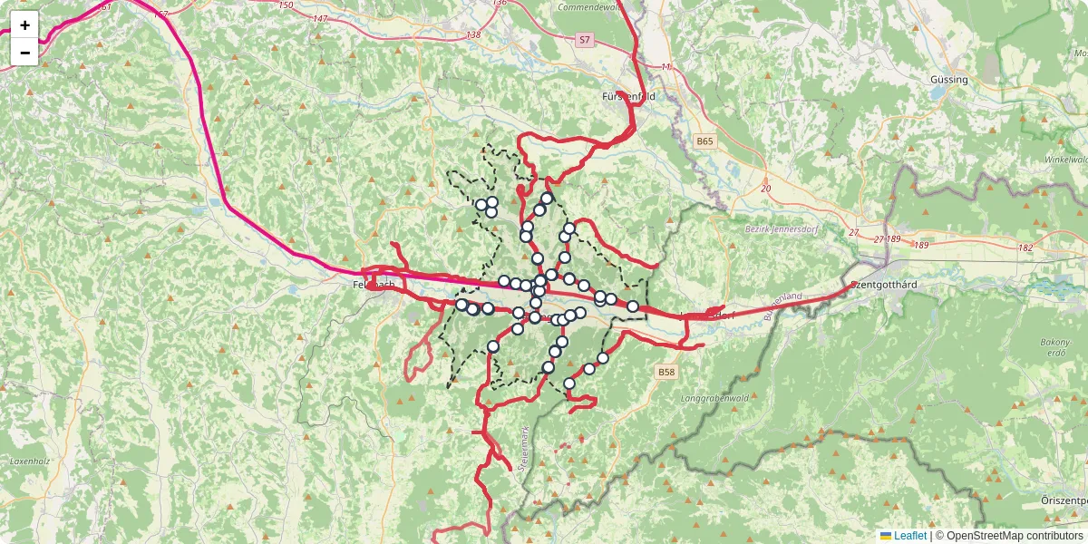 Nahverkehrsnetz in fehring, Österreich - Buslinien, Haltestellen und Verbindungen auf der Karte