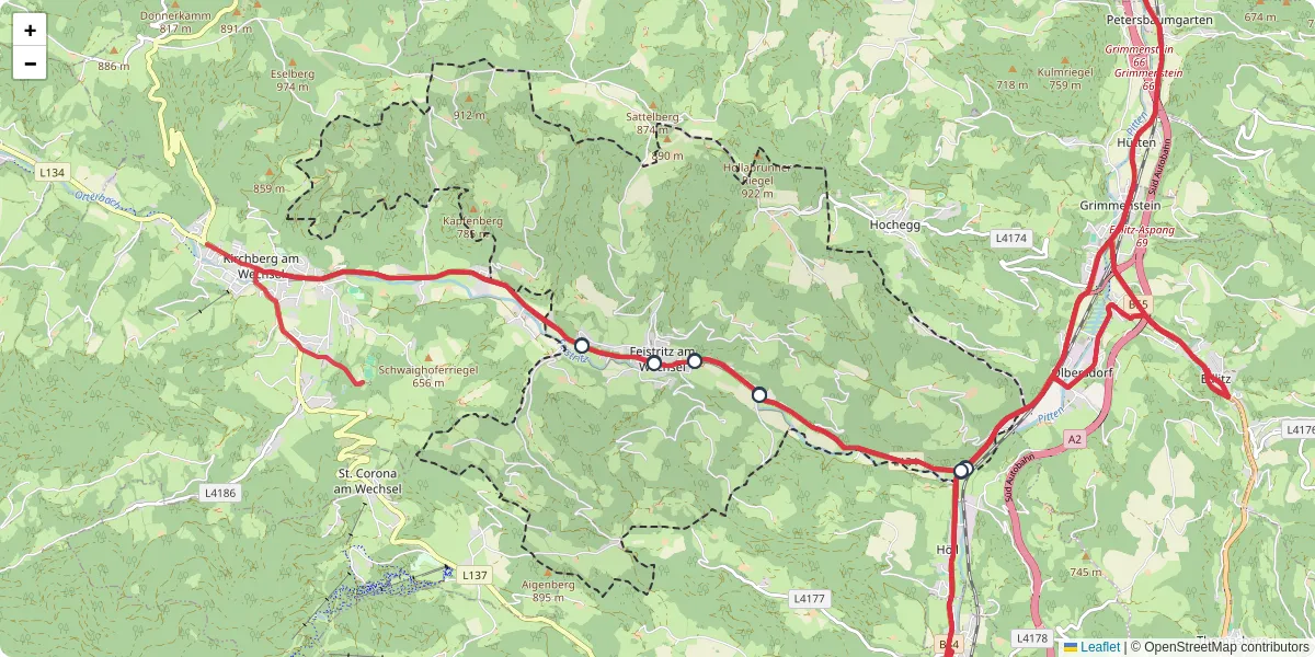 Nahverkehrsnetz in feistritz-am-wechsel, Österreich - Buslinien, Haltestellen und Verbindungen auf der Karte