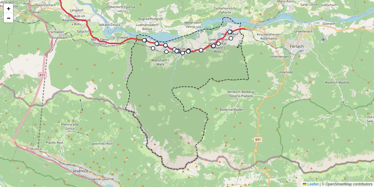 Nahverkehrsnetz in feistritz-im-rosental, Österreich - Buslinien, Haltestellen und Verbindungen auf der Karte