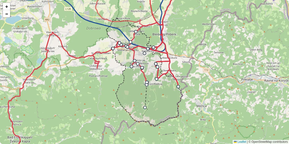 Nahverkehrsnetz in feistritz-ob-bleiburg, Österreich - Buslinien, Haltestellen und Verbindungen auf der Karte