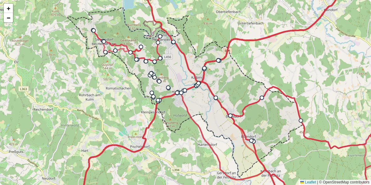 Nahverkehrsnetz in feistritztal, Österreich - Buslinien, Haltestellen und Verbindungen auf der Karte