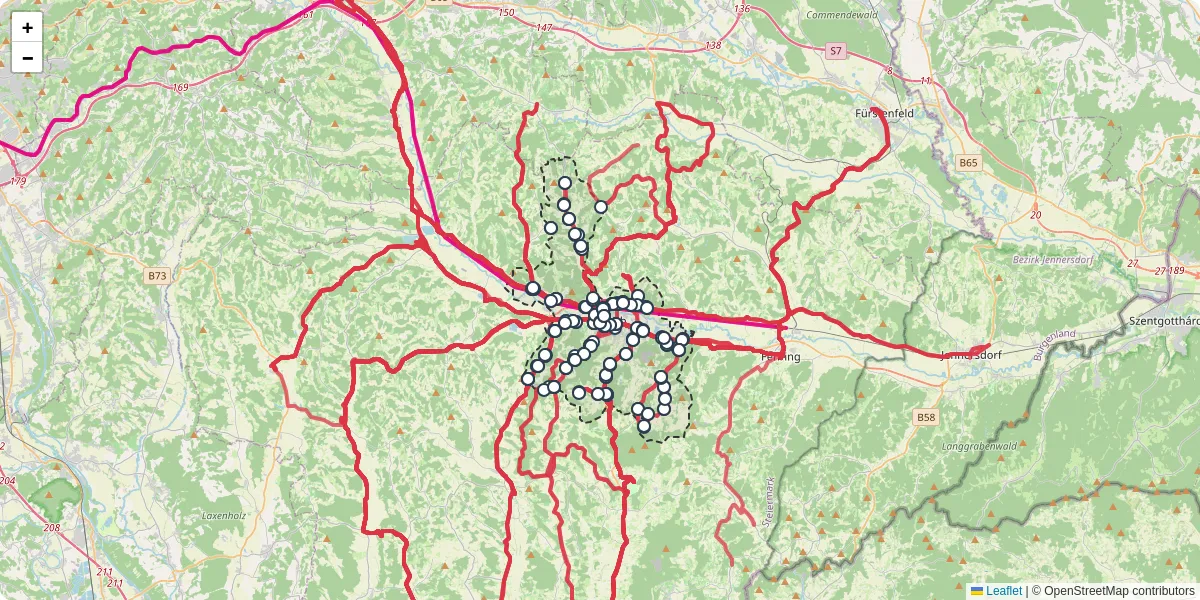 Nahverkehrsnetz in feldbach, Österreich - Buslinien, Haltestellen und Verbindungen auf der Karte
