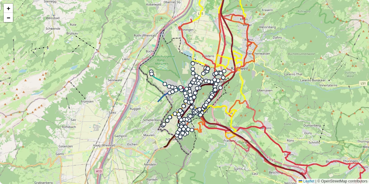 Nahverkehrsnetz in feldkirch, Österreich - Buslinien, Haltestellen und Verbindungen auf der Karte