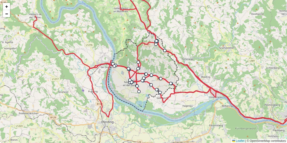 Nahverkehrsnetz in feldkirchen-an-der-donau, Österreich - Buslinien, Haltestellen und Verbindungen auf der Karte