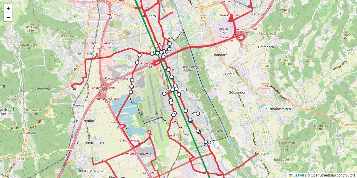 Nahverkehrsnetz in feldkirchen-bei-graz, Österreich - Buslinien, Haltestellen und Verbindungen auf der Karte