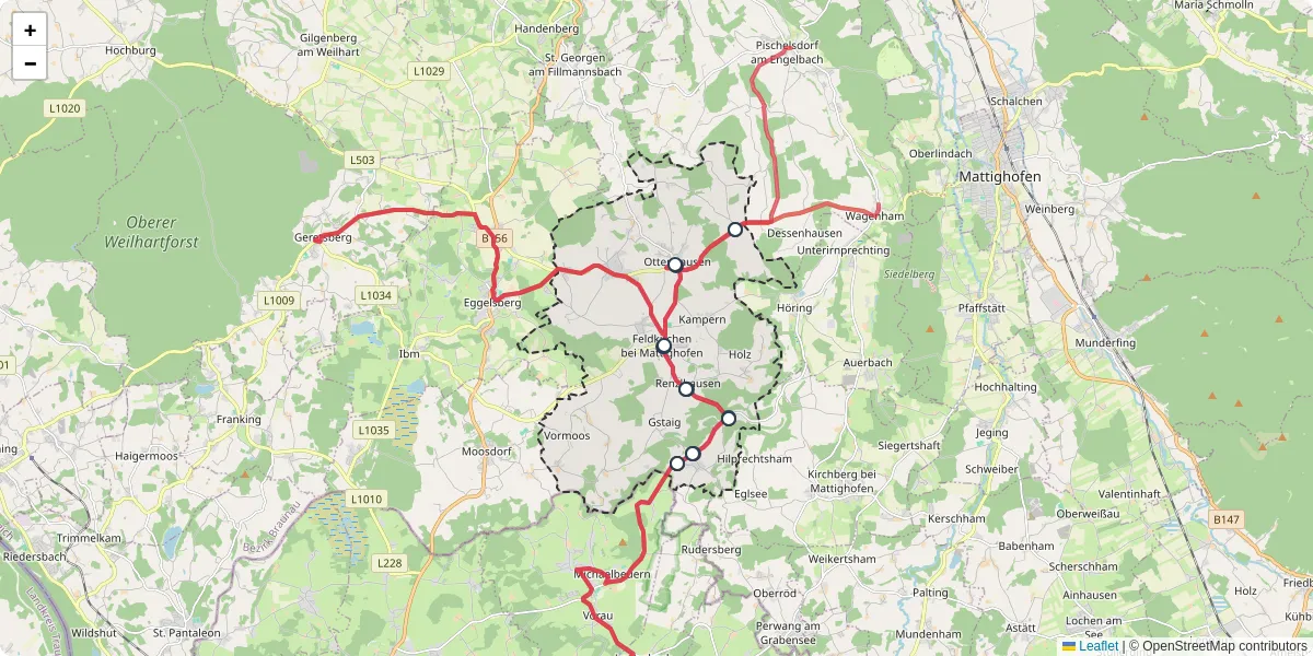 Nahverkehrsnetz in feldkirchen-bei-mattighofen, Österreich - Buslinien, Haltestellen und Verbindungen auf der Karte