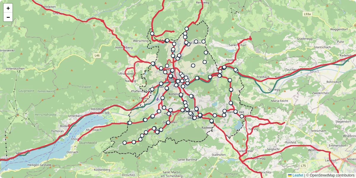 Nahverkehrsnetz in feldkirchen-in-karnten, Österreich - Buslinien, Haltestellen und Verbindungen auf der Karte