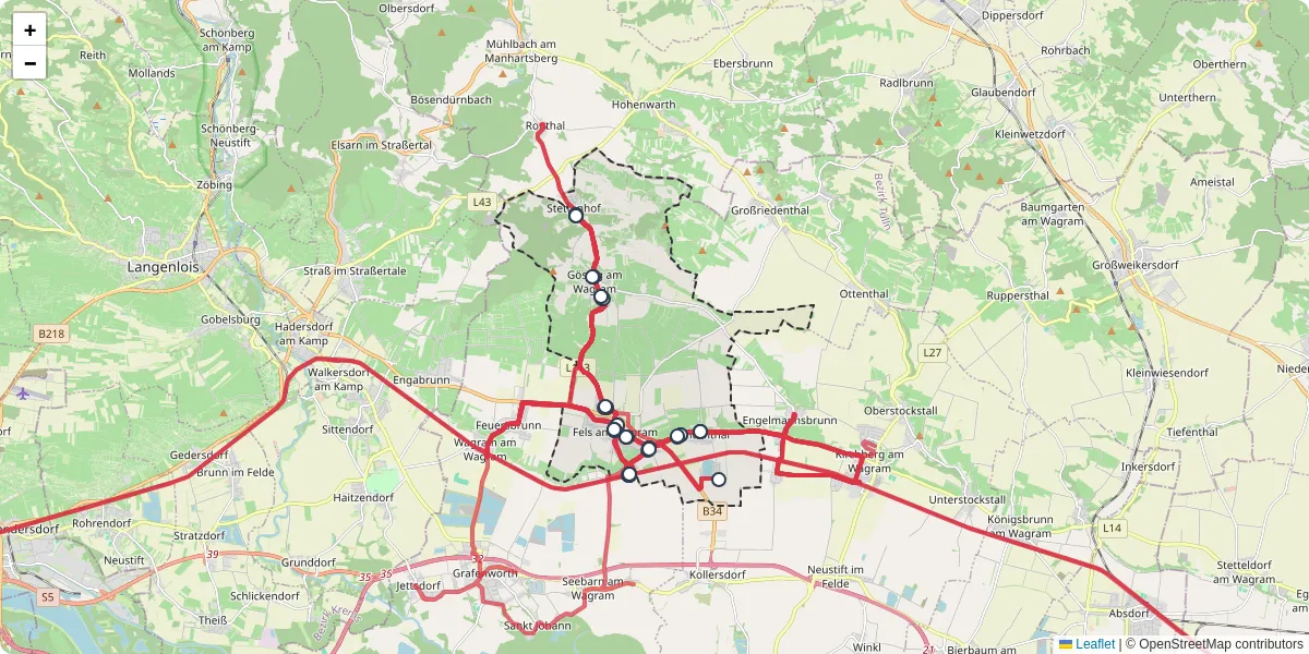 Nahverkehrsnetz in fels-am-wagram, Österreich - Buslinien, Haltestellen und Verbindungen auf der Karte
