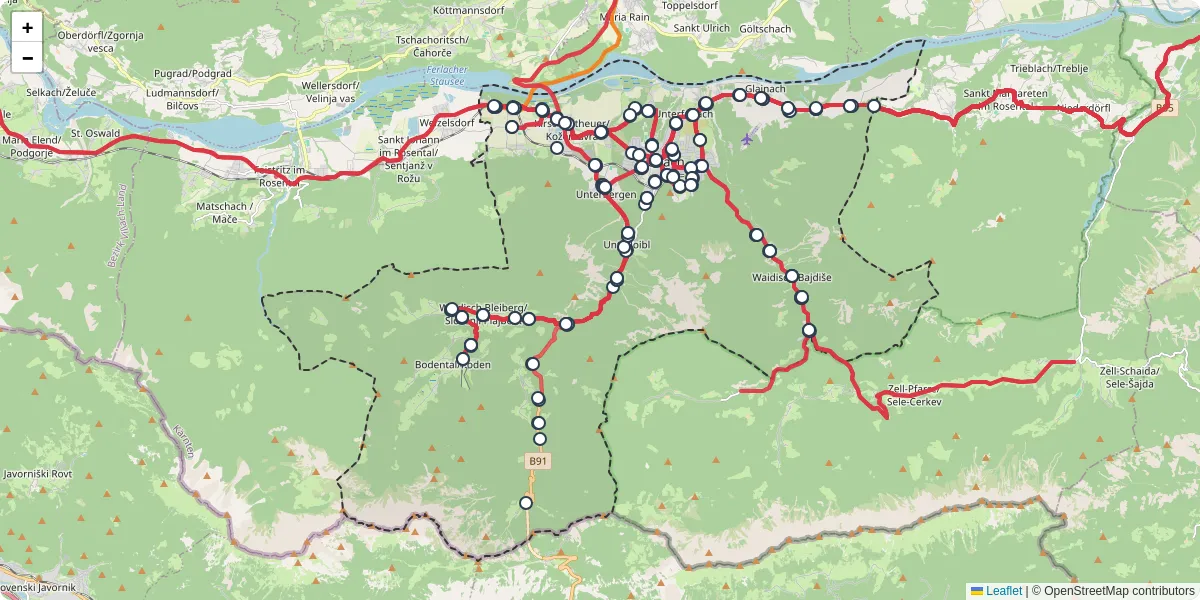 Nahverkehrsnetz in ferlach, Österreich - Buslinien, Haltestellen und Verbindungen auf der Karte