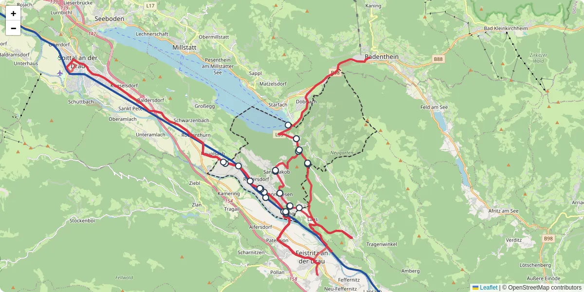 Nahverkehrsnetz in ferndorf, Österreich - Buslinien, Haltestellen und Verbindungen auf der Karte