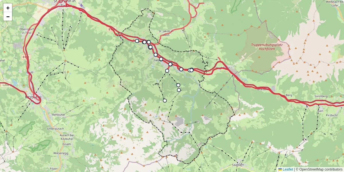 Nahverkehrsnetz in fieberbrunn, Österreich - Buslinien, Haltestellen und Verbindungen auf der Karte