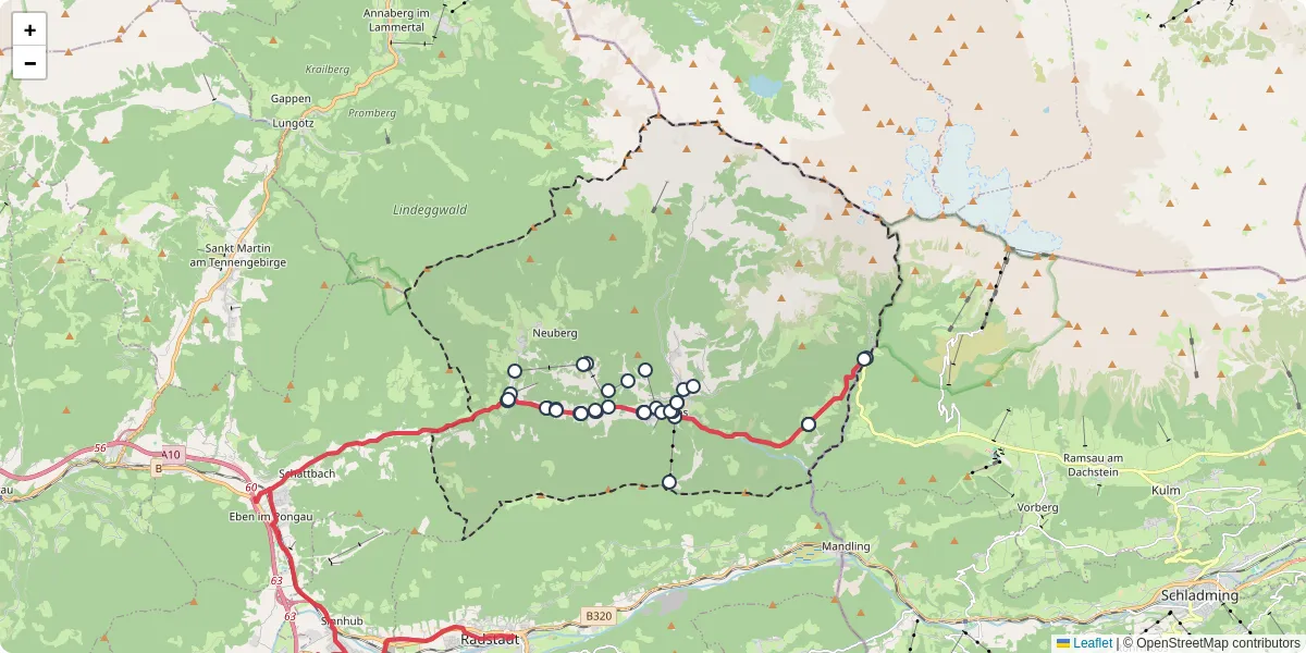 Nahverkehrsnetz in filzmoos, Österreich - Buslinien, Haltestellen und Verbindungen auf der Karte