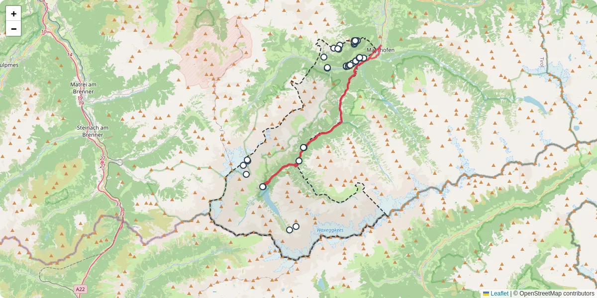 Nahverkehrsnetz in finkenberg, Österreich - Buslinien, Haltestellen und Verbindungen auf der Karte