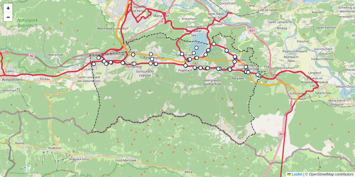 Nahverkehrsnetz in finkenstein-am-faaker-see, Österreich - Buslinien, Haltestellen und Verbindungen auf der Karte
