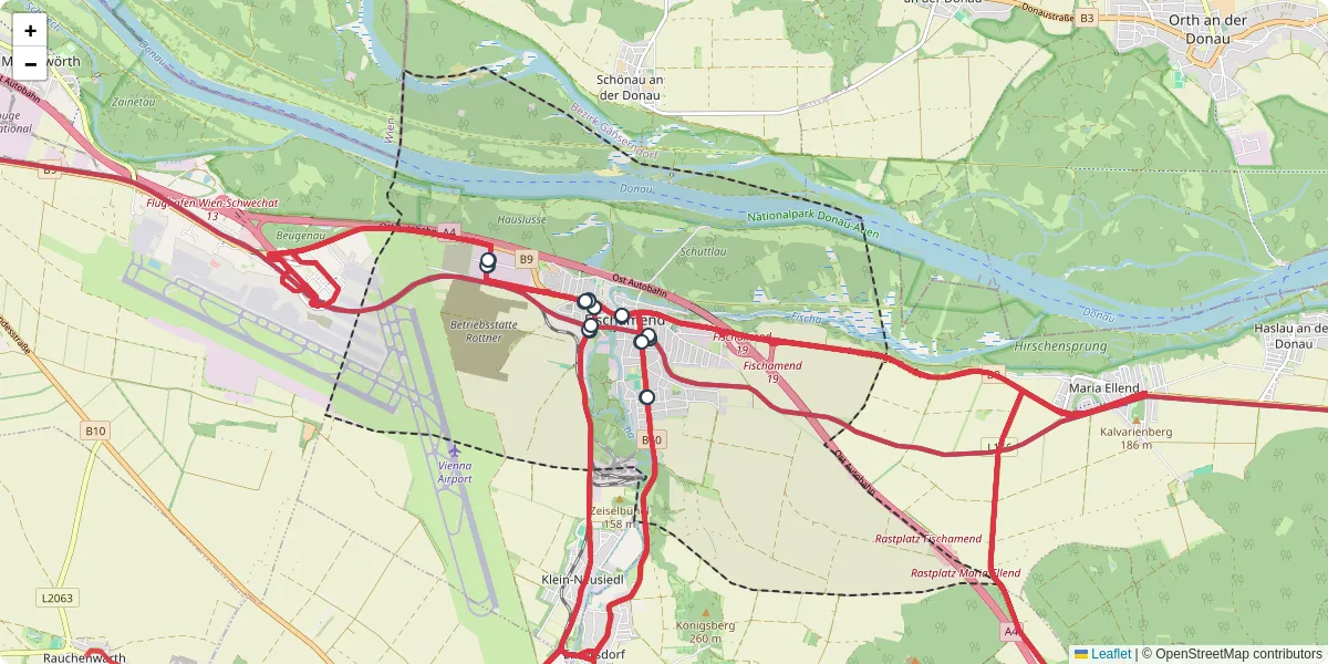 Nahverkehrsnetz in fischamend, Österreich - Buslinien, Haltestellen und Verbindungen auf der Karte