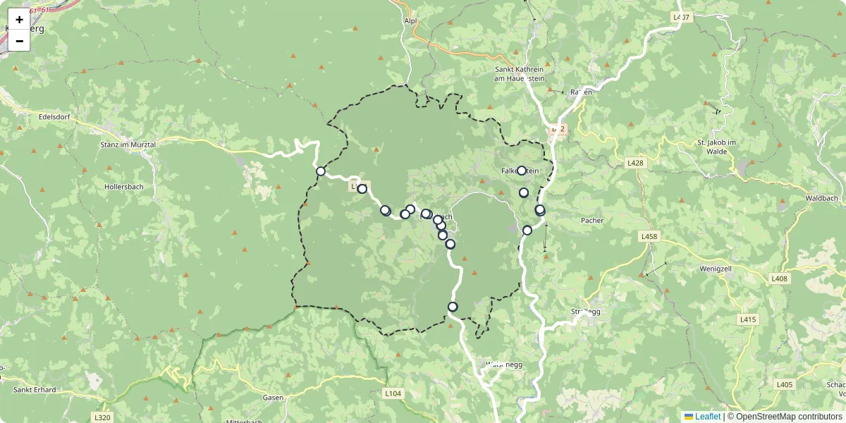 Nahverkehrsnetz in fischbach, Österreich - Buslinien, Haltestellen und Verbindungen auf der Karte