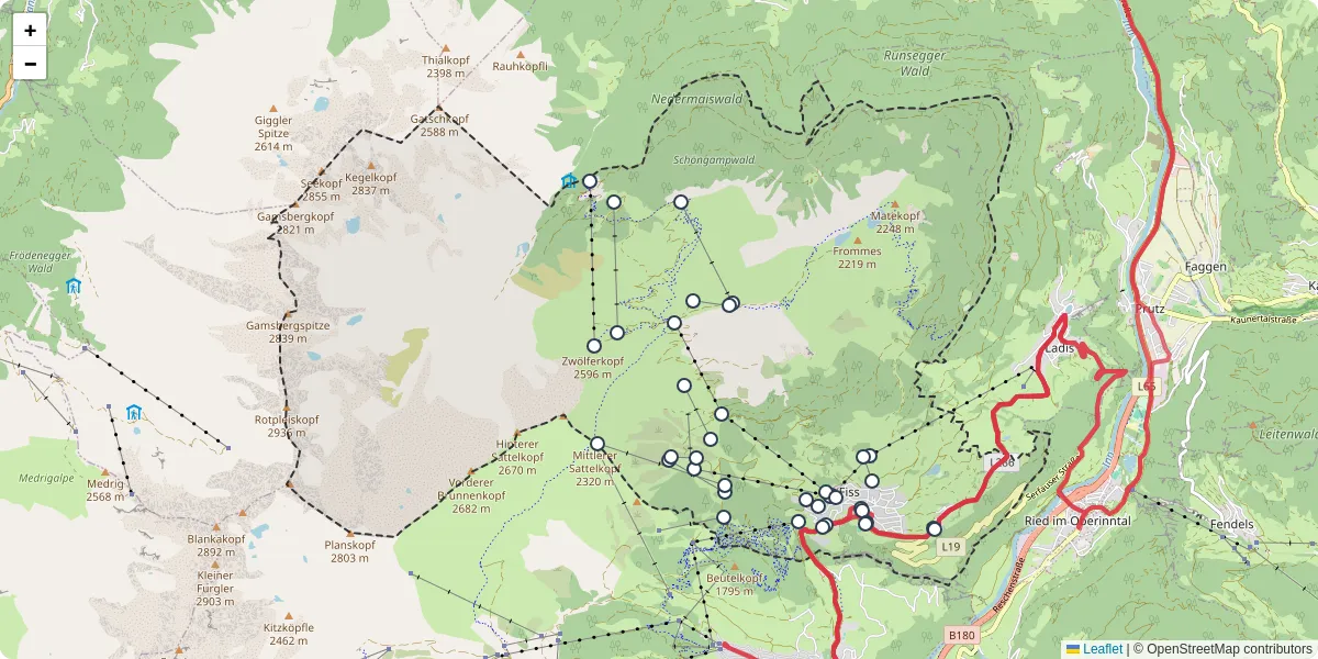 Nahverkehrsnetz in fiss, Österreich - Buslinien, Haltestellen und Verbindungen auf der Karte