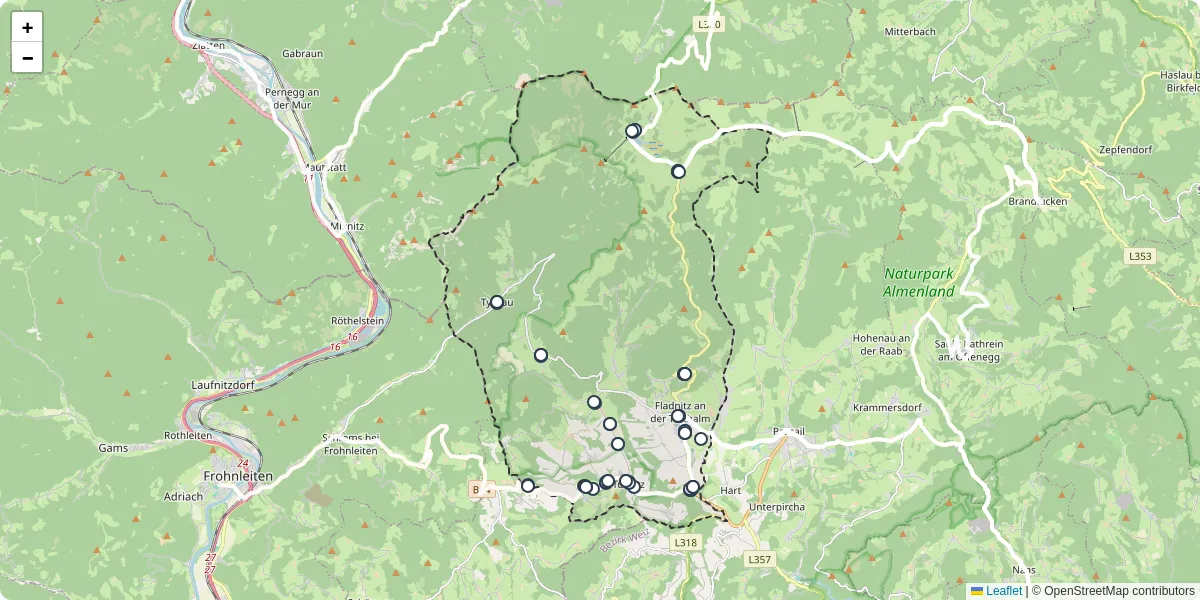 Nahverkehrsnetz in fladnitz-an-der-teichalm, Österreich - Buslinien, Haltestellen und Verbindungen auf der Karte
