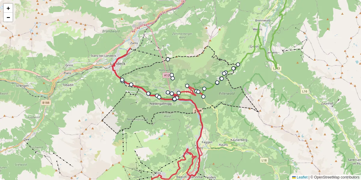 Nahverkehrsnetz in flie, Österreich - Buslinien, Haltestellen und Verbindungen auf der Karte