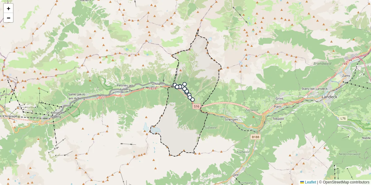 Nahverkehrsnetz in flirsch, Österreich - Buslinien, Haltestellen und Verbindungen auf der Karte