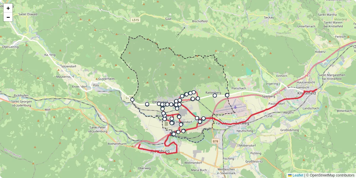 Nahverkehrsnetz in fohnsdorf, Österreich - Buslinien, Haltestellen und Verbindungen auf der Karte