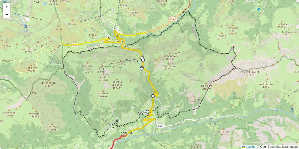 Nahverkehrsnetz in fontanella, Österreich - Buslinien, Haltestellen und Verbindungen auf der Karte
